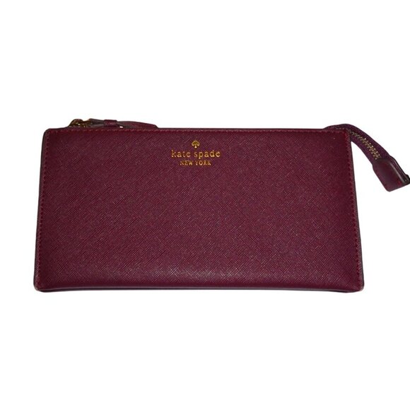 Kate Spade Dark Burgundy Plum Triple Compartment Roomy Large 8" Wallet Zipper - Picture 1 of 8